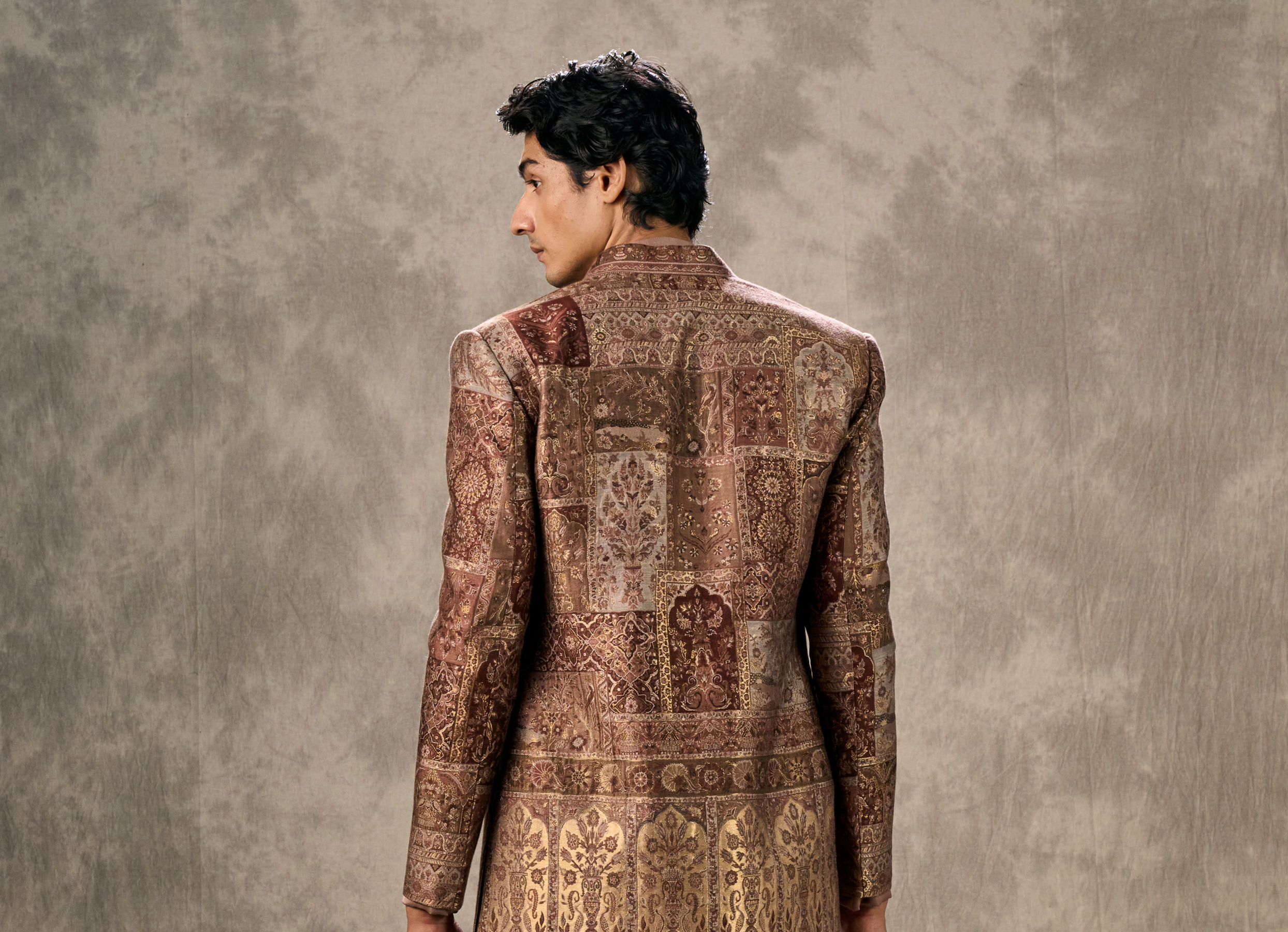 Twamev Men Brown Pashmina Paisley Woven Indo Western Ensemble