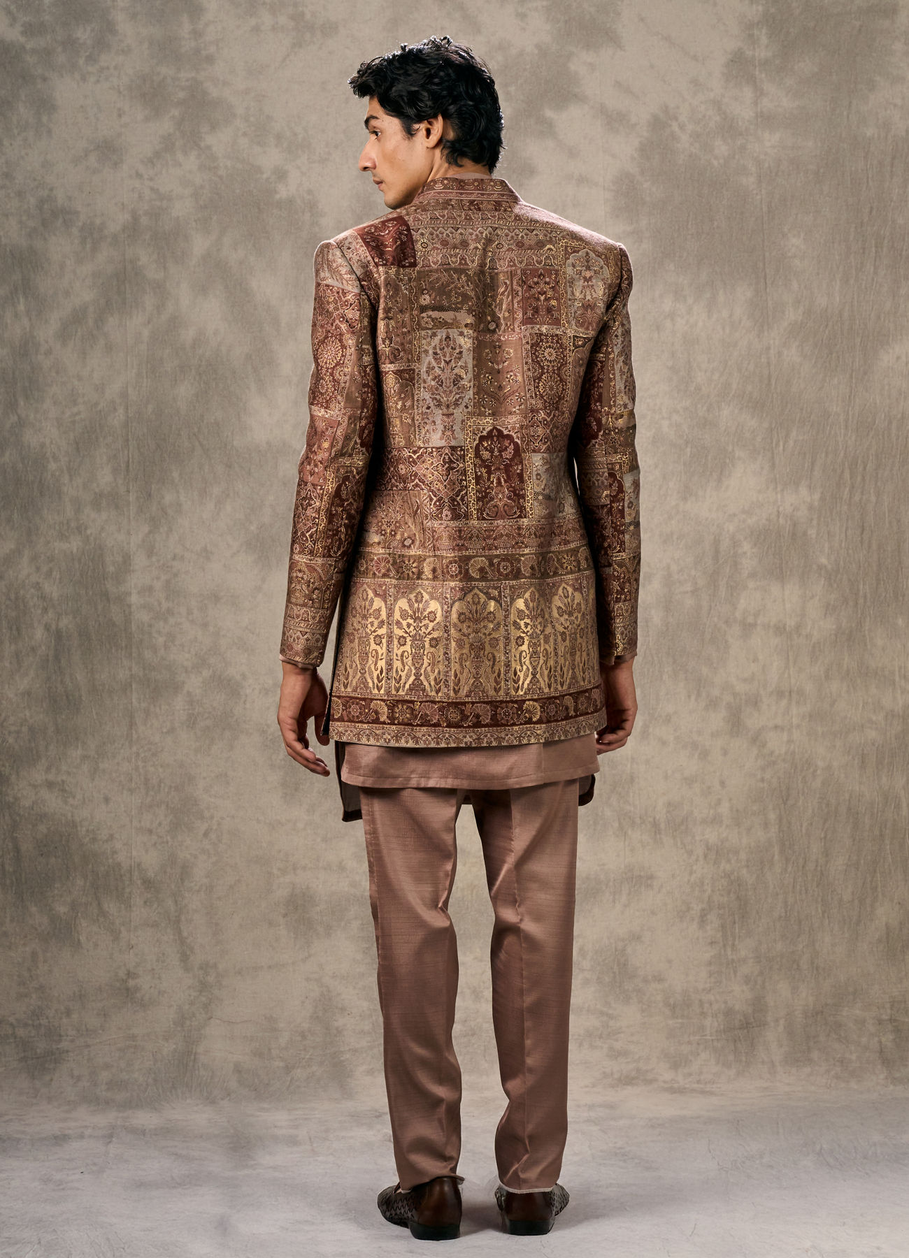 Twamev Men Brown Pashmina Paisley Woven Indo Western Ensemble