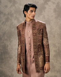 Twamev Men Brown Pashmina Paisley Woven Indo Western Ensemble