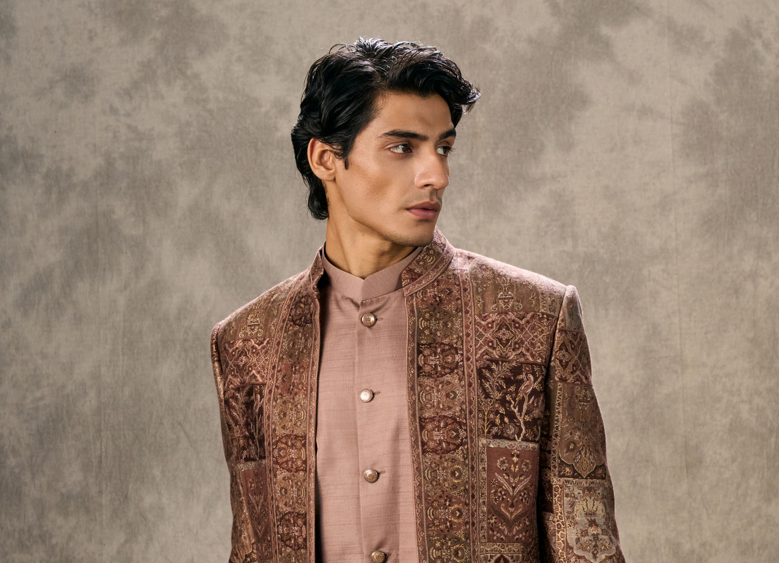 Twamev Men Brown Pashmina Paisley Woven Indo Western Ensemble