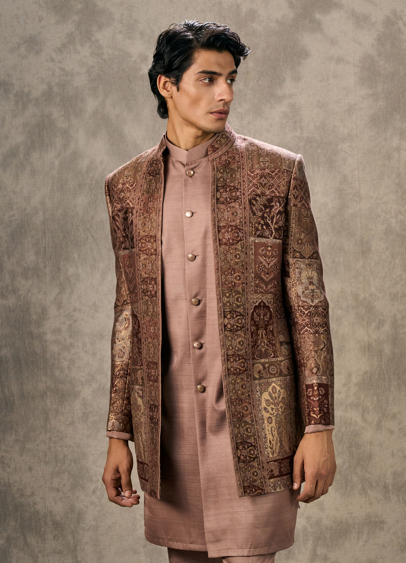 Twamev Men Brown Pashmina Paisley Woven Indo Western Ensemble