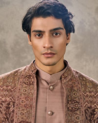 Twamev Men Brown Pashmina Paisley Woven Indo Western Ensemble
