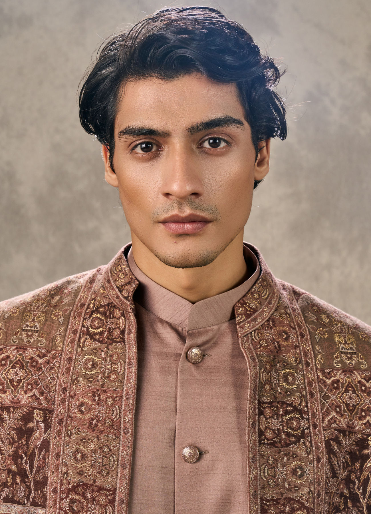 Twamev Men Brown Pashmina Paisley Woven Indo Western Ensemble