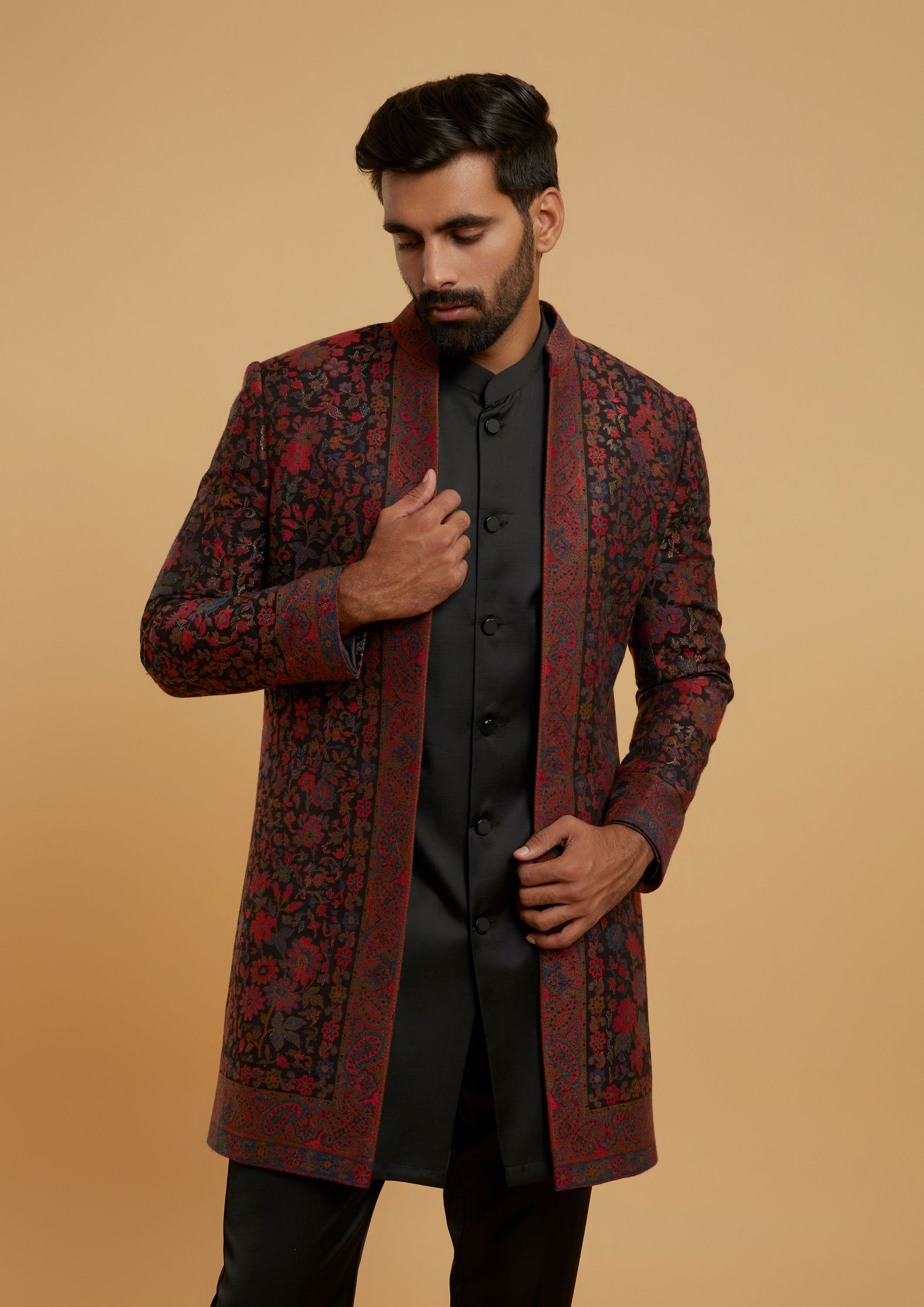 Twamev Men Black Brocade Elegance Indo Western