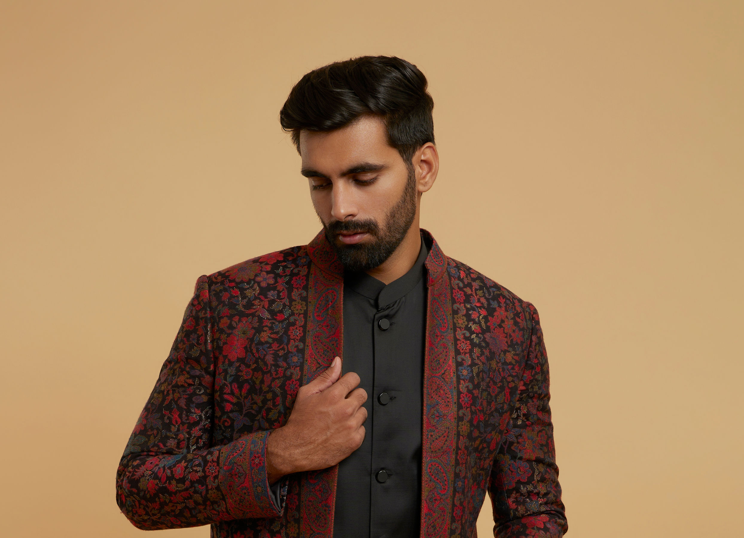 Twamev Men Black Brocade Elegance Indo Western