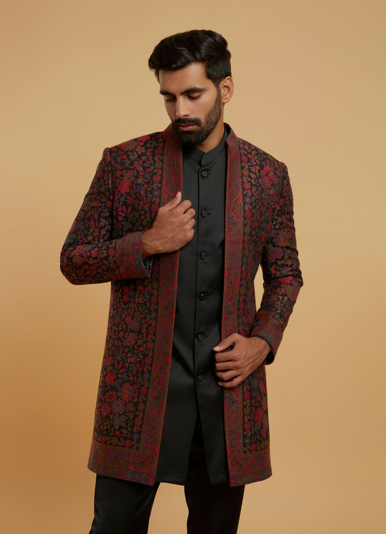 Twamev Men Black Brocade Elegance Indo Western