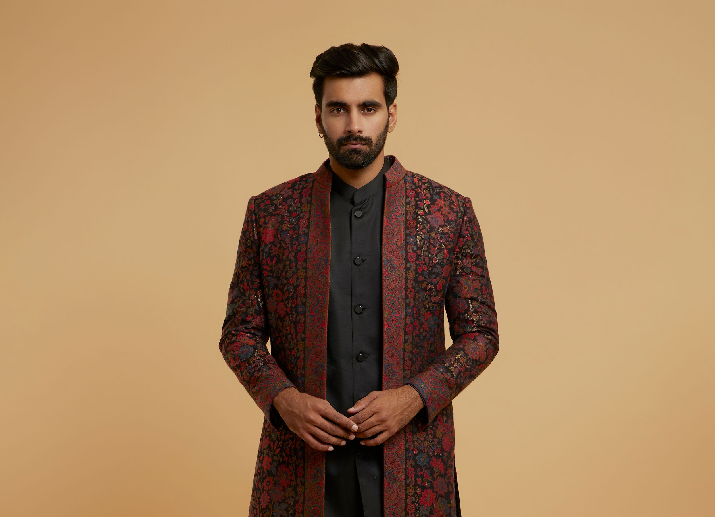 Twamev Men Black Brocade Elegance Indo Western