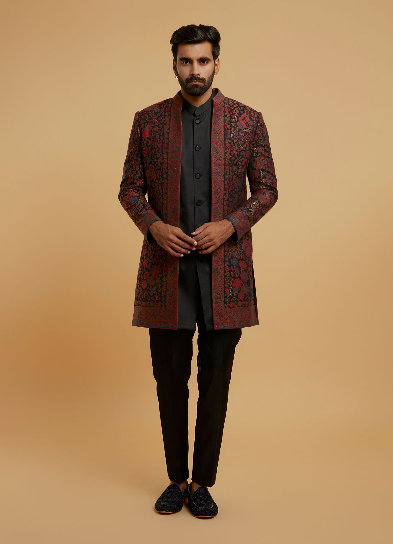 Twamev Men Black Brocade Elegance Indo Western