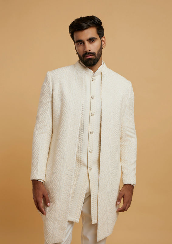 Twamev Men Cream Georgette Glimmer Indo Western