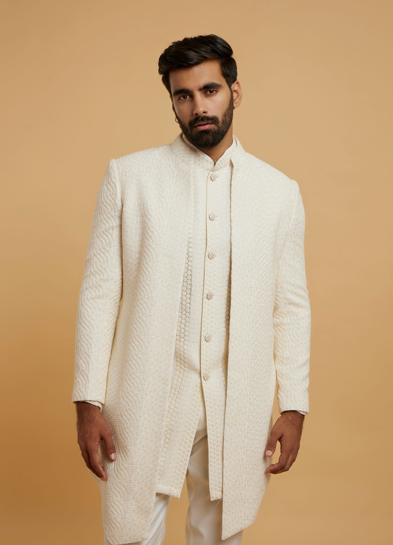 Twamev Men Cream Georgette Glimmer Indo Western