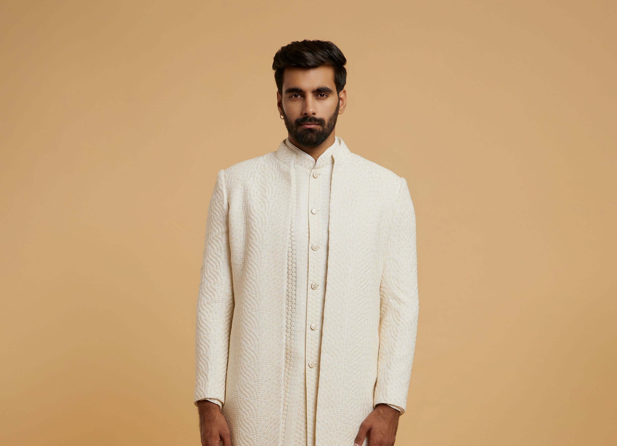 Twamev Men Cream Georgette Glimmer Indo Western