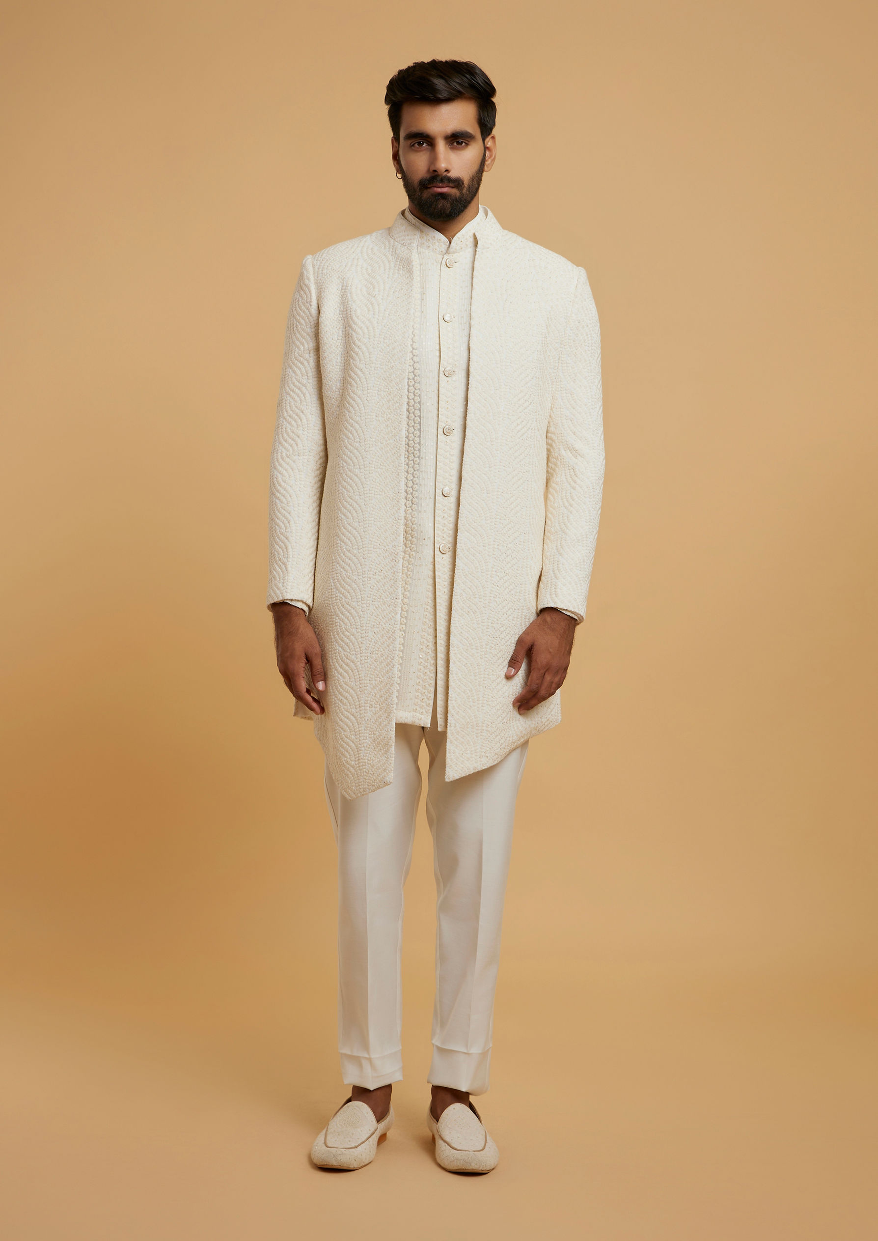Twamev Men Cream Georgette Glimmer Indo Western