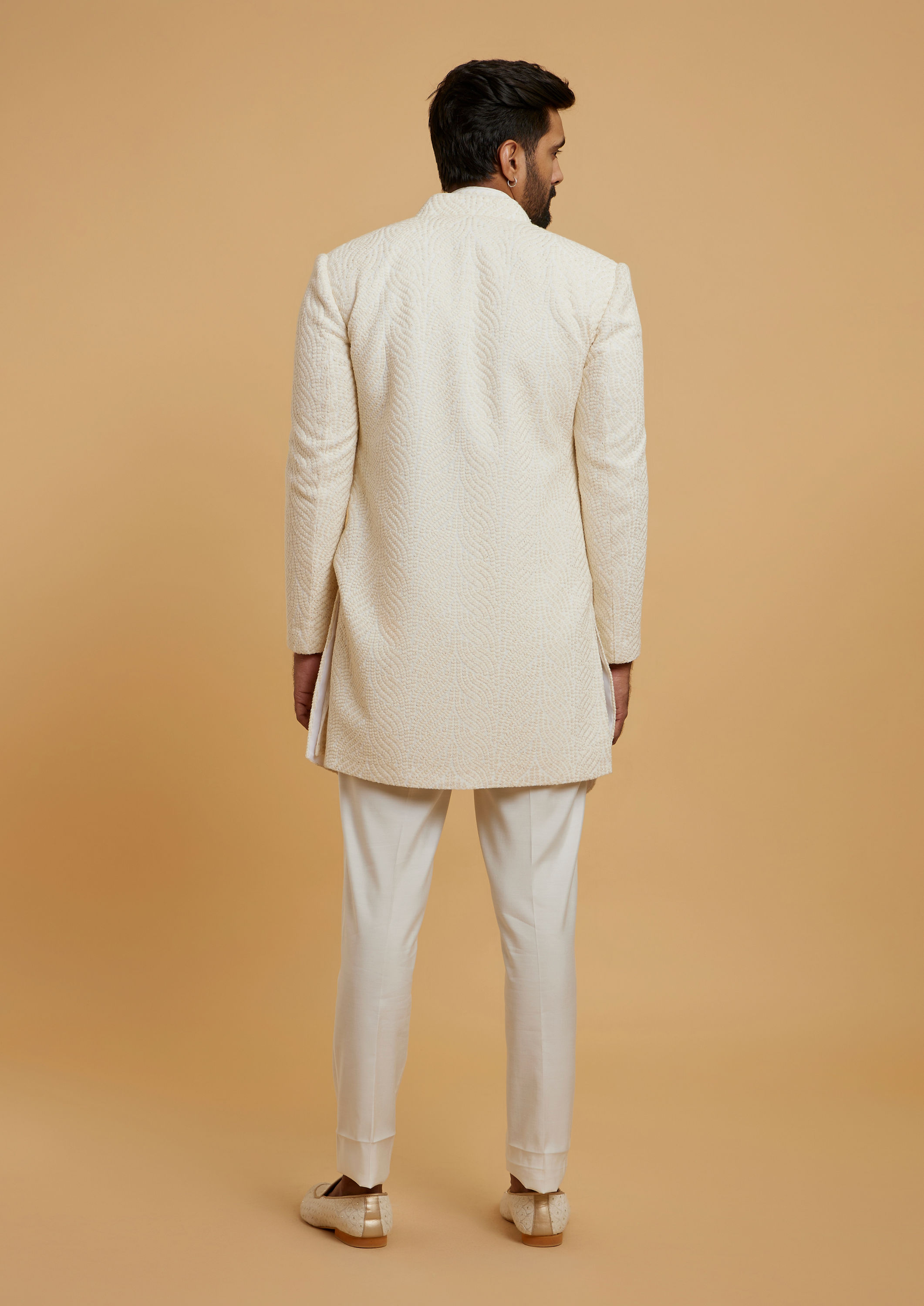 Twamev Men Cream Georgette Glimmer Indo Western