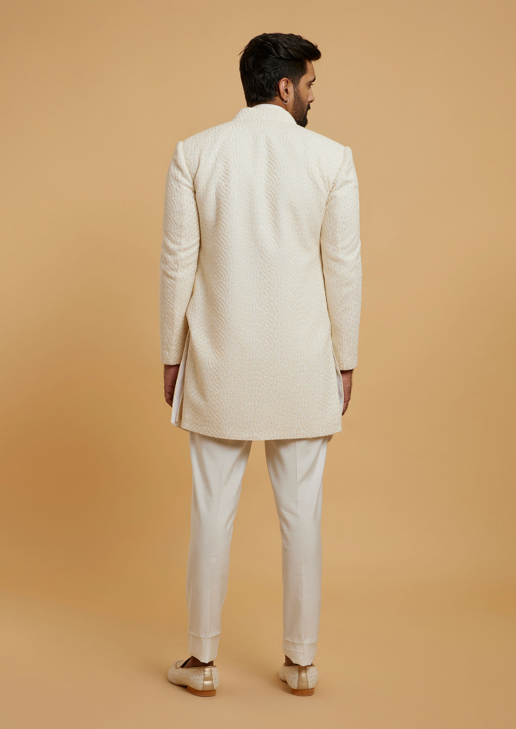 Twamev Men Cream Georgette Glimmer Indo Western