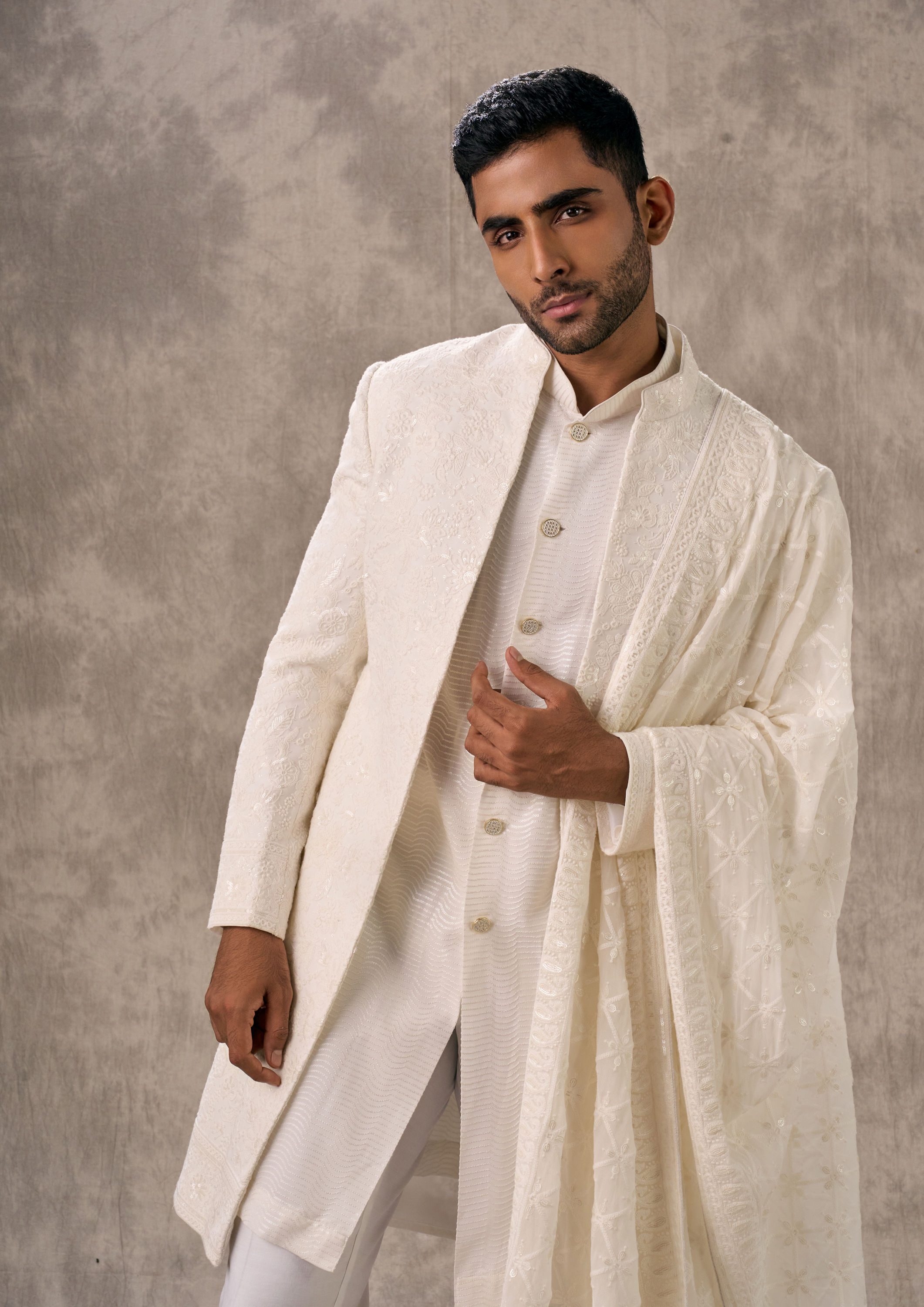 Twamev Men Creamy Elegance Georgette Indo Western