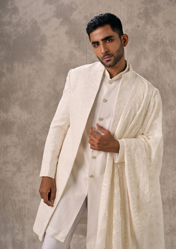 Twamev Men Creamy Elegance Georgette Indo Western