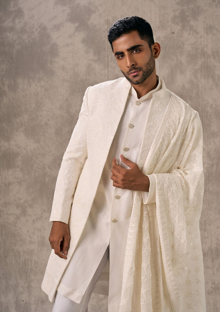 Twamev Men Creamy Elegance Georgette Indo Western