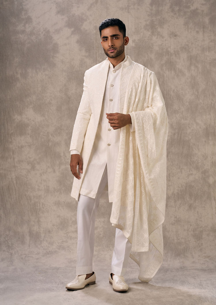 Twamev Men Creamy Elegance Georgette Indo Western
