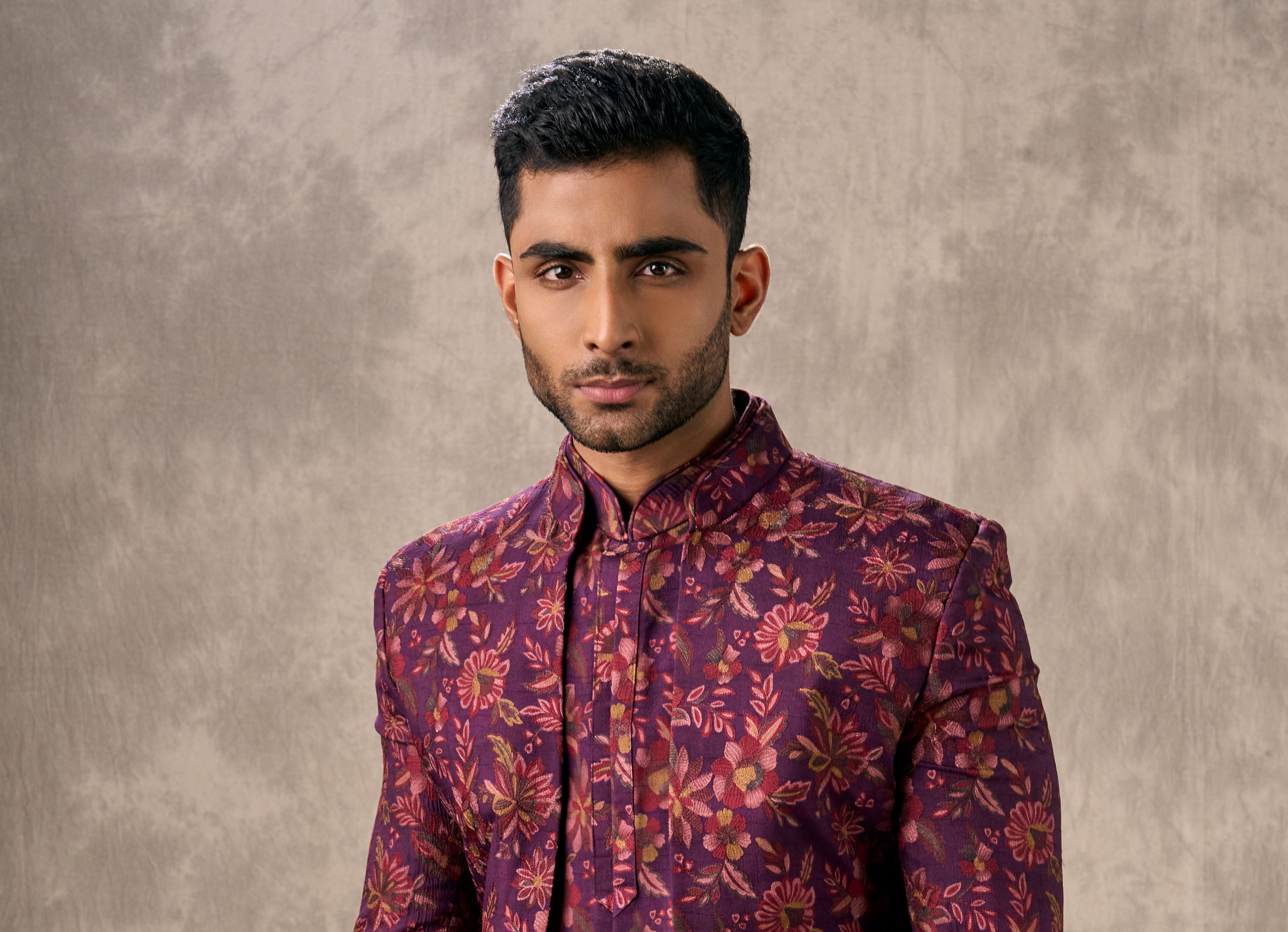 Buy Wine Silk Floral Thread Embroidered and Printed Indo Western Set ...