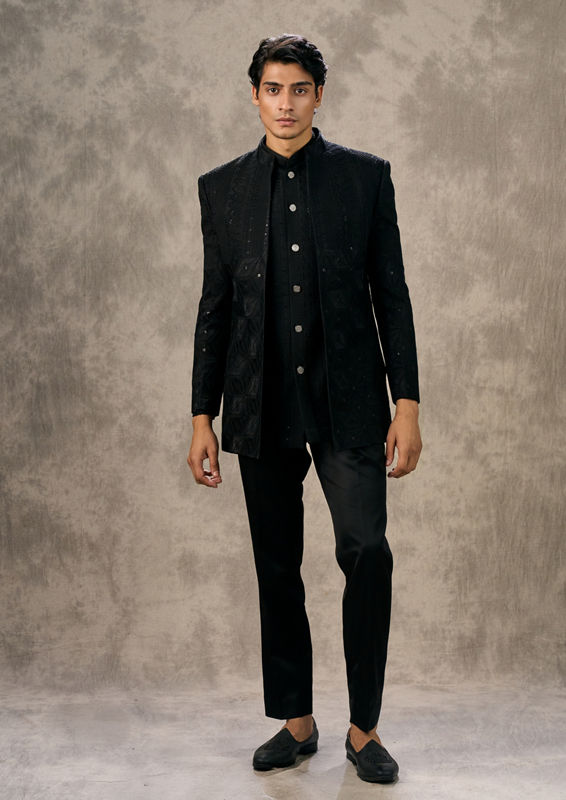 Twamev Men Elegant Black Georgette Indo Western