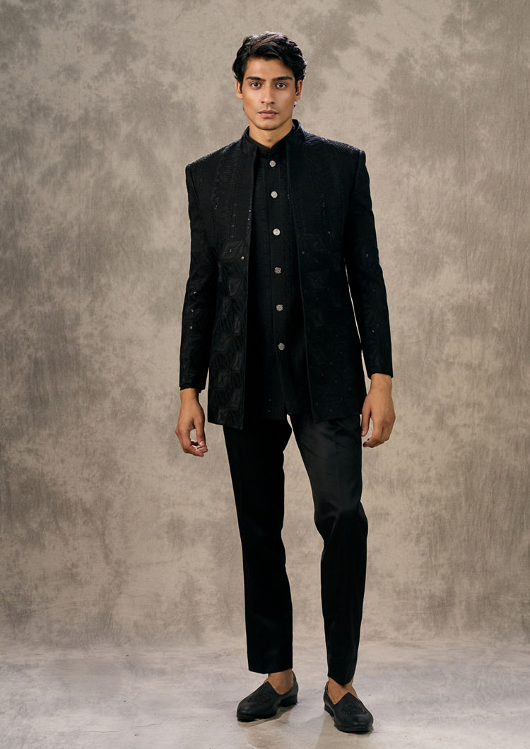 Twamev Men Elegant Black Georgette Indo Western