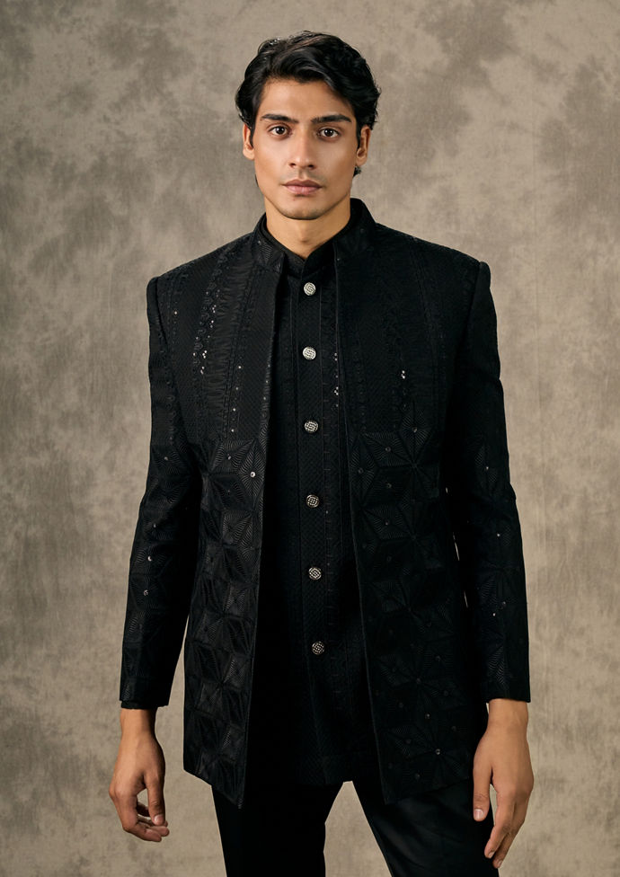 Twamev Men Black Georgette Sequin and Thread Embroidered Indo Western Set