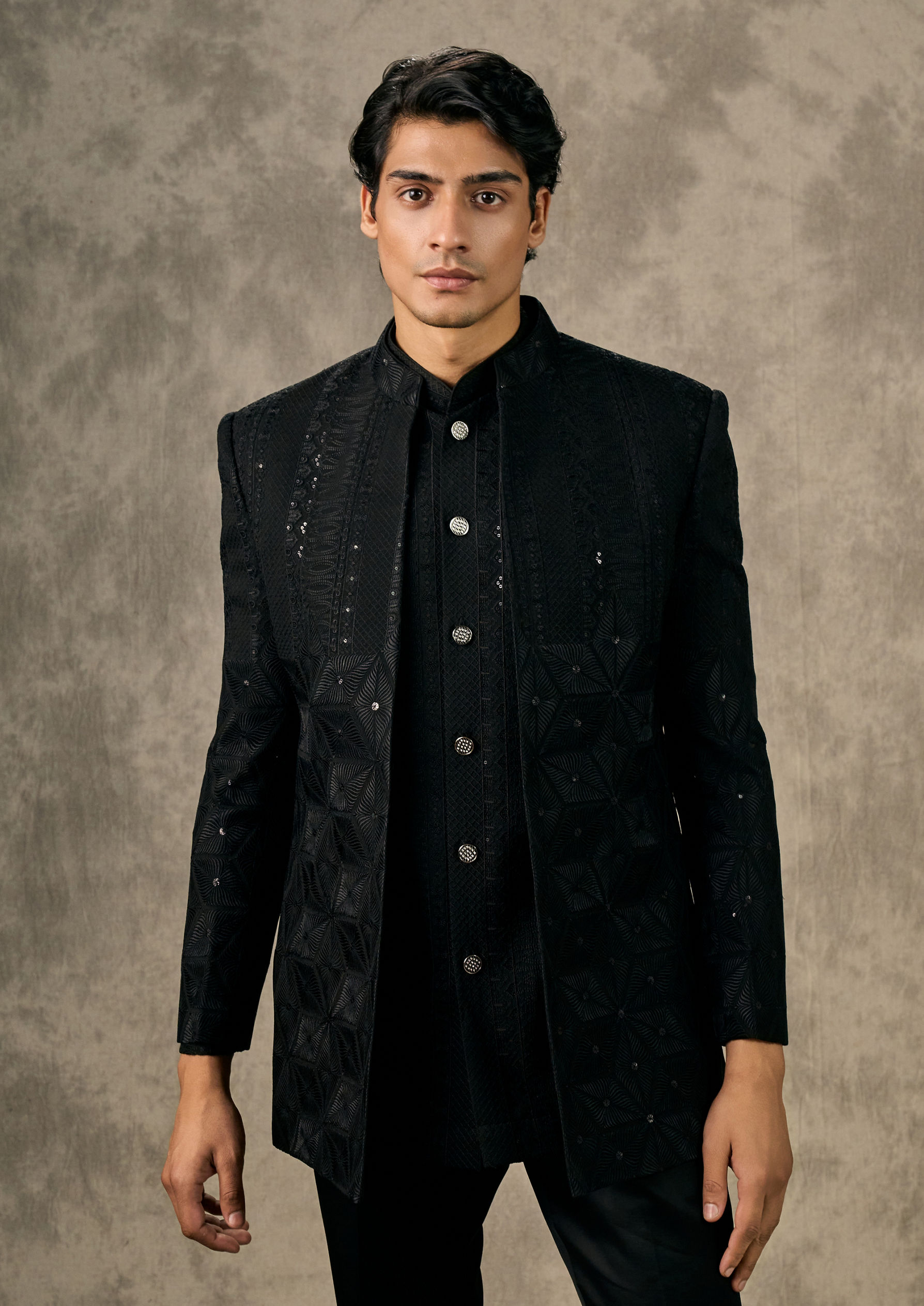 Twamev Men Elegant Black Georgette Indo Western