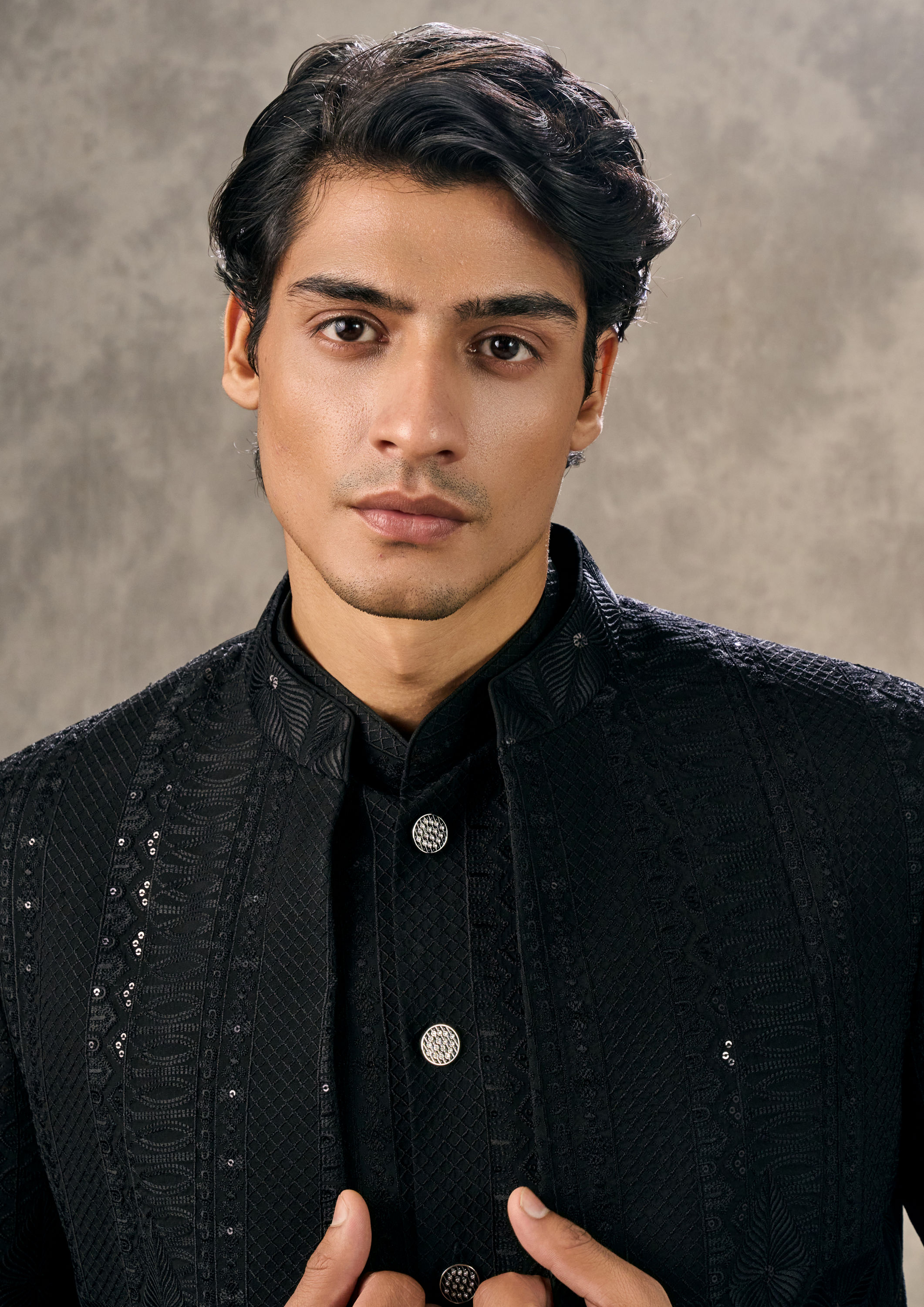 Twamev Men Elegant Black Georgette Indo Western