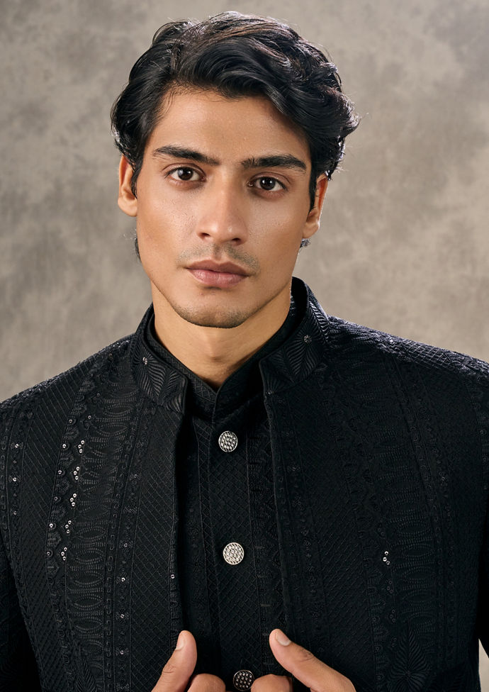 Twamev Men Black Georgette Sequin and Thread Embroidered Indo Western Set