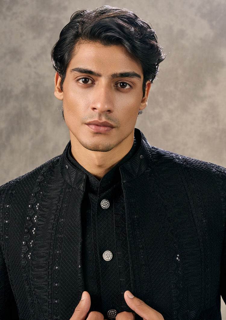 Twamev Men Elegant Black Georgette Indo Western