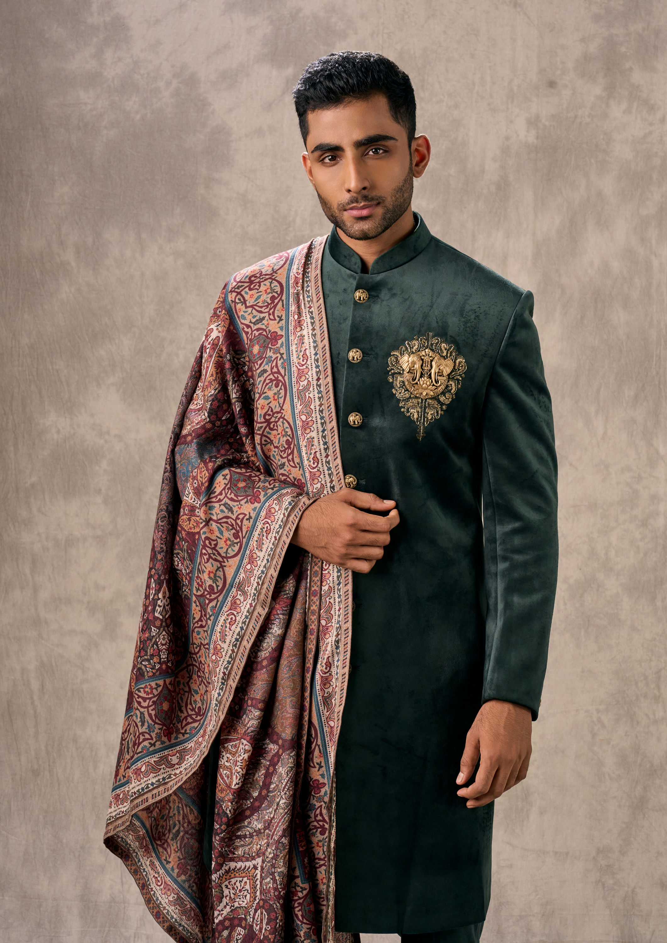 Twamev Men Dark Green Velvet Celebration Indo Western
