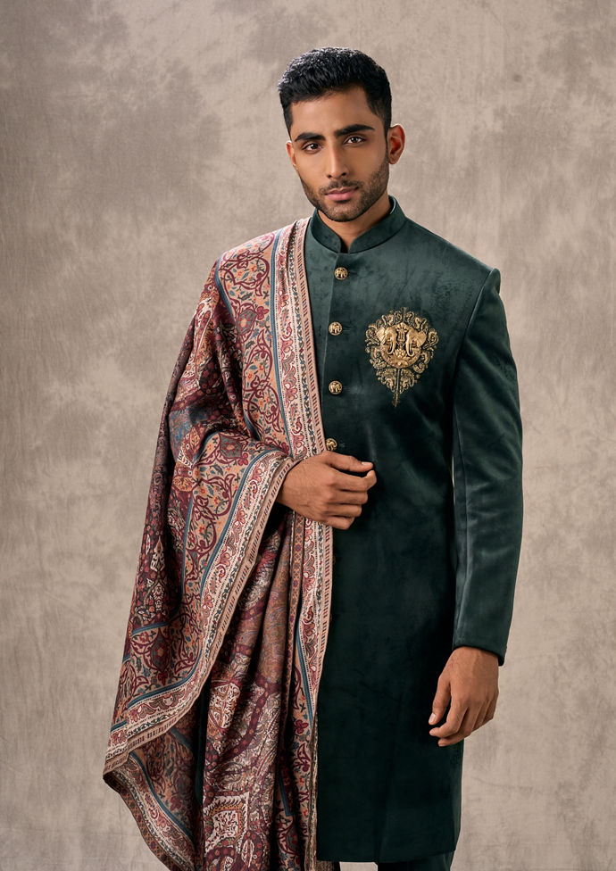 Twamev Men Dark Green Velvet Celebration Indo Western