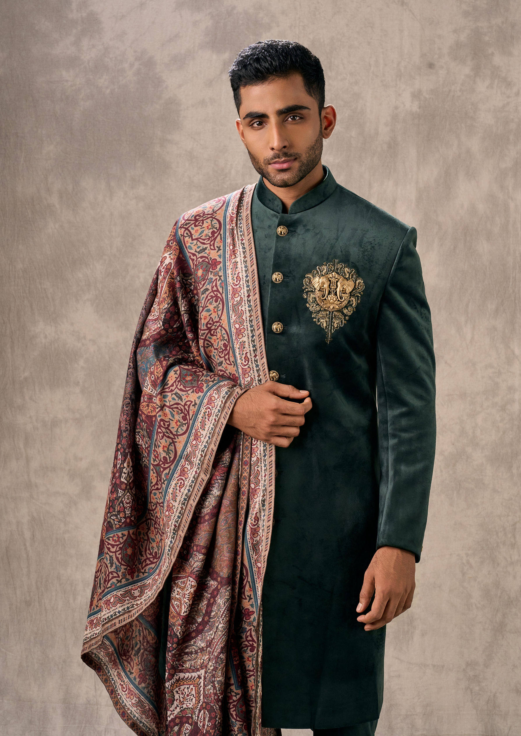 Twamev Men Dark Green Velvet Celebration Indo Western