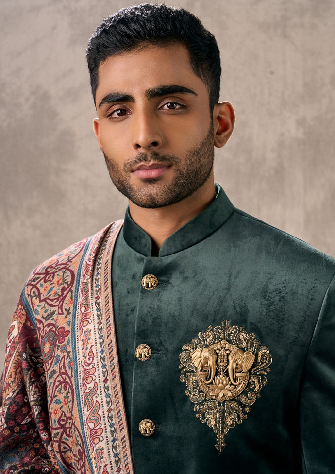Twamev Men Dark Green Velvet Celebration Indo Western
