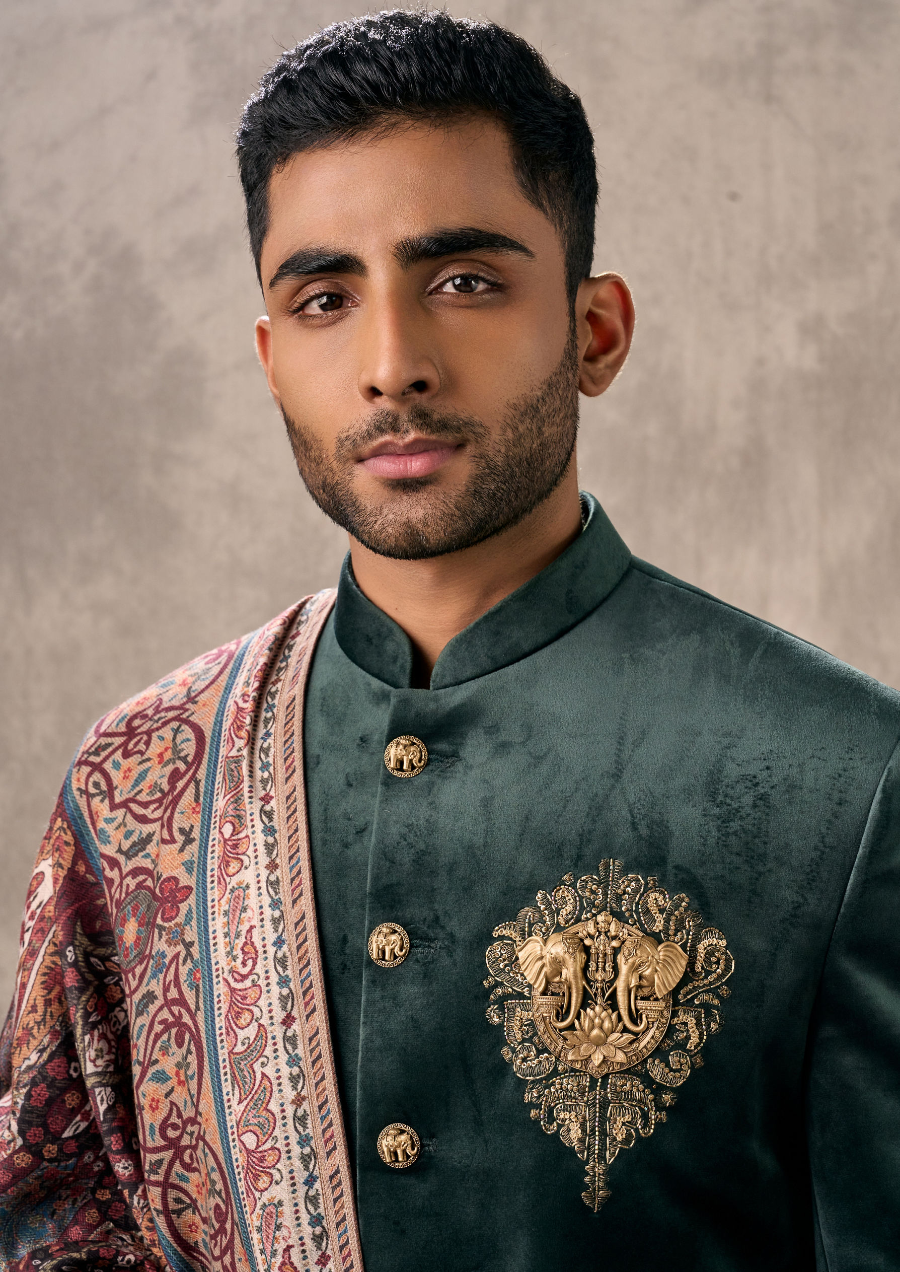 Twamev Men Dark Green Velvet Celebration Indo Western