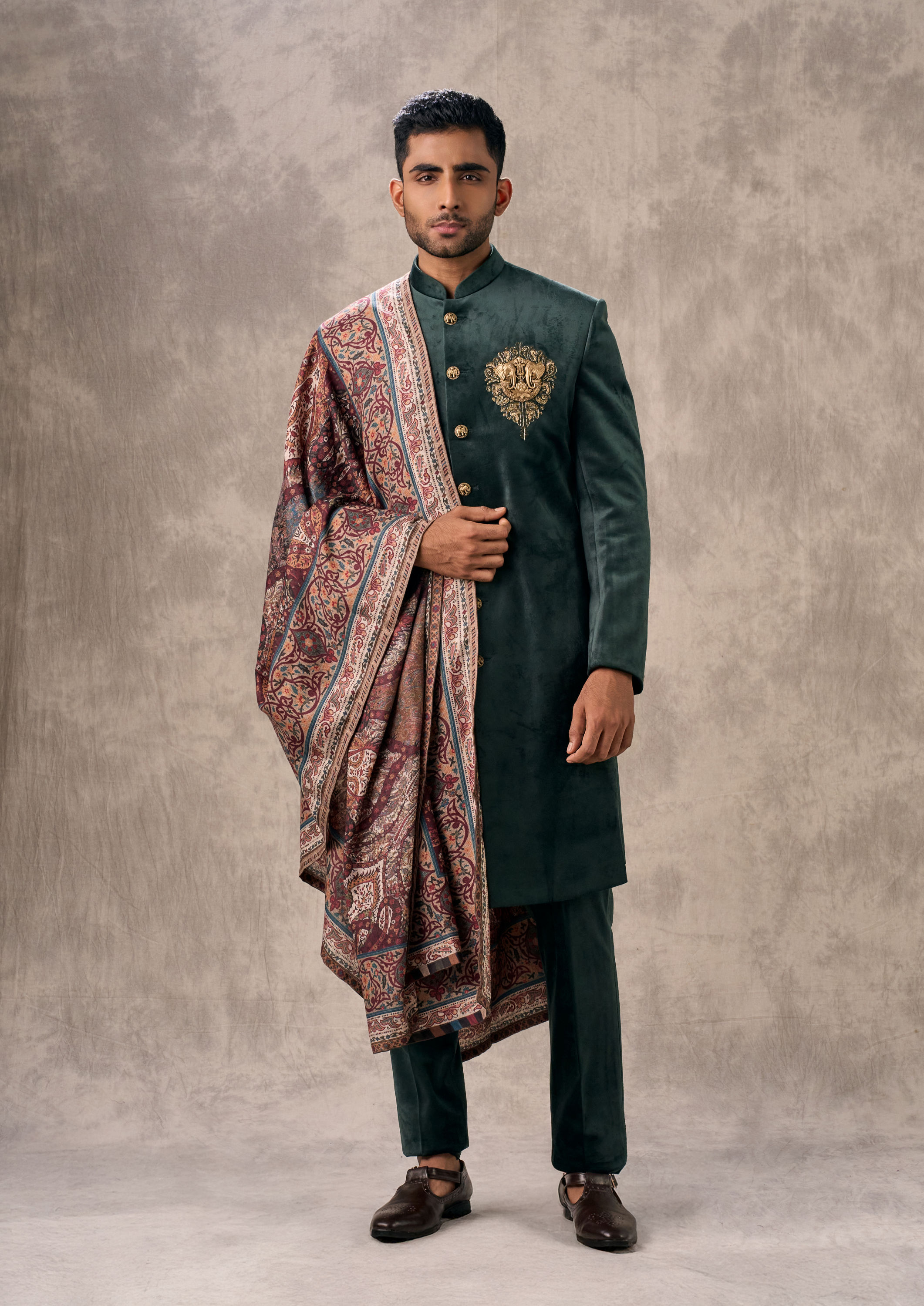 Twamev Men Dark Green Velvet Celebration Indo Western