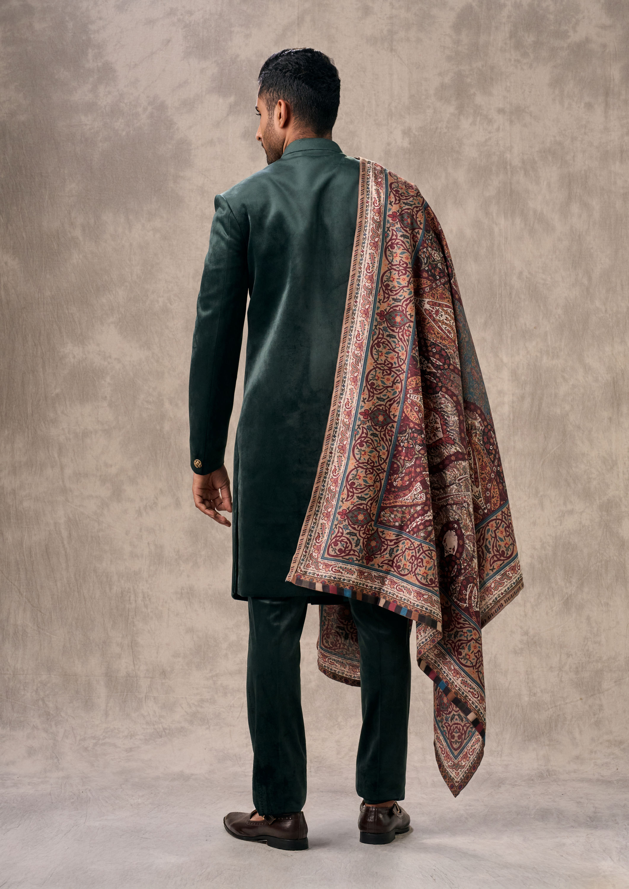 Twamev Men Dark Green Velvet Celebration Indo Western