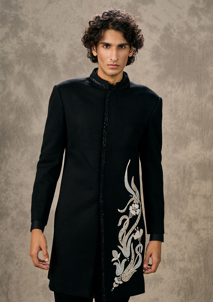 Twamev Men Black Rayon Floral Thread Embroidered Indo Western Set