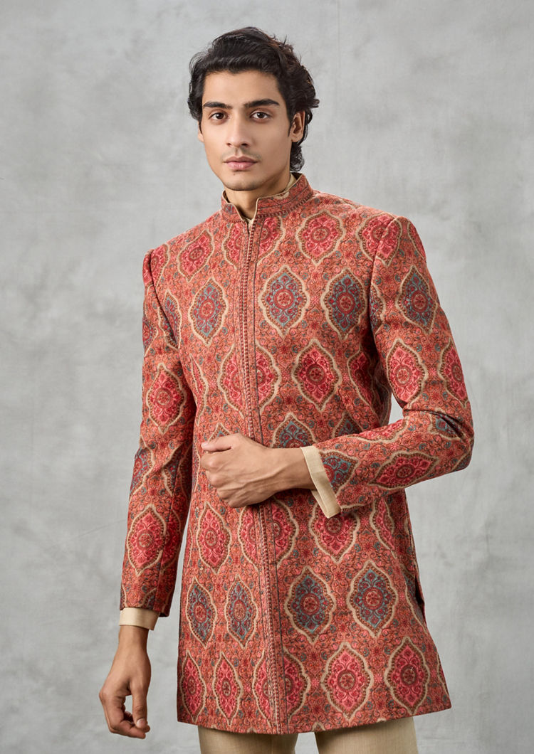 Twamev Men Beige Blended Rayon Indo Western Jacket Set