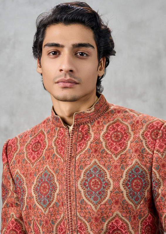 Twamev Men Beige Blended Rayon Indo Western Jacket Set