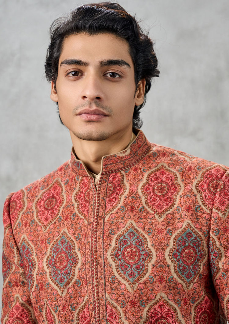 Twamev Men Beige Blended Rayon Indo Western Jacket Set