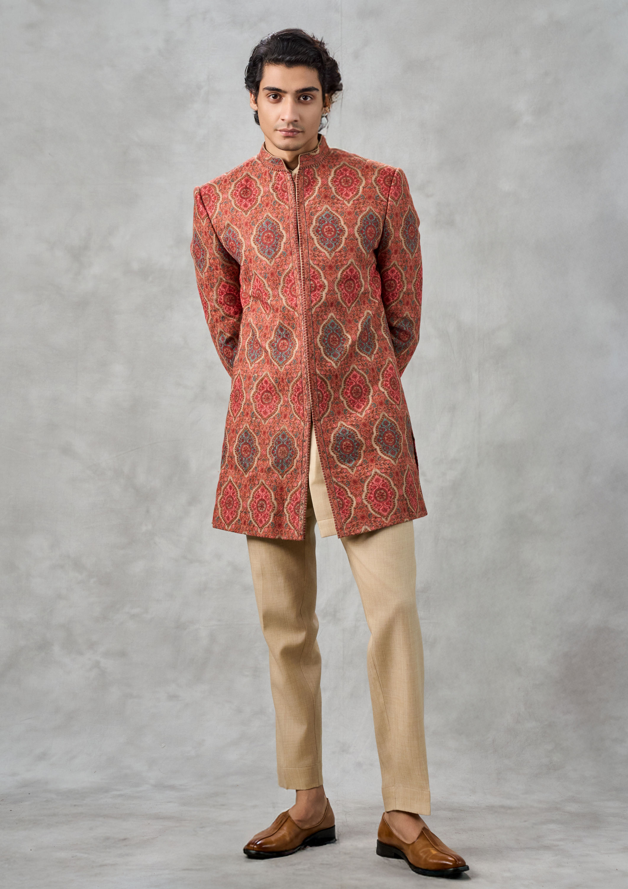 Twamev Men Beige Blended Rayon Indo Western Jacket Set