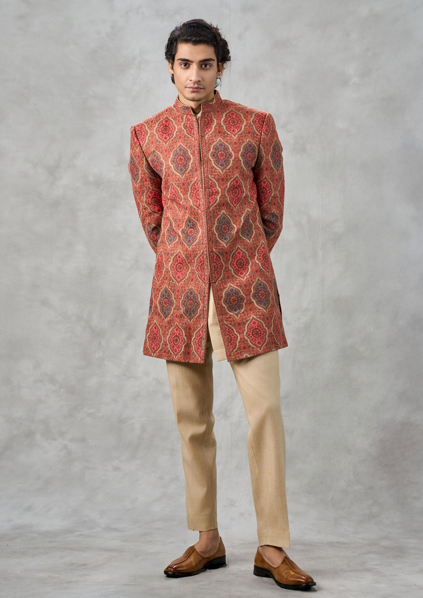 Twamev Men Beige Blended Rayon Indo Western Jacket Set