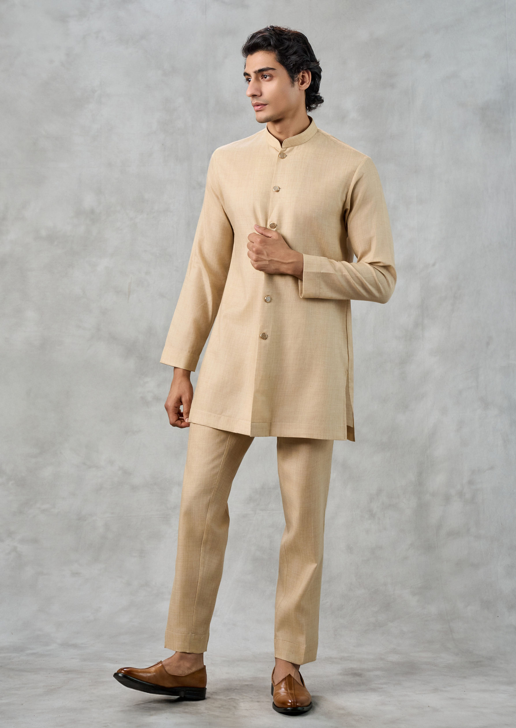 Twamev Men Beige Blended Rayon Indo Western Jacket Set