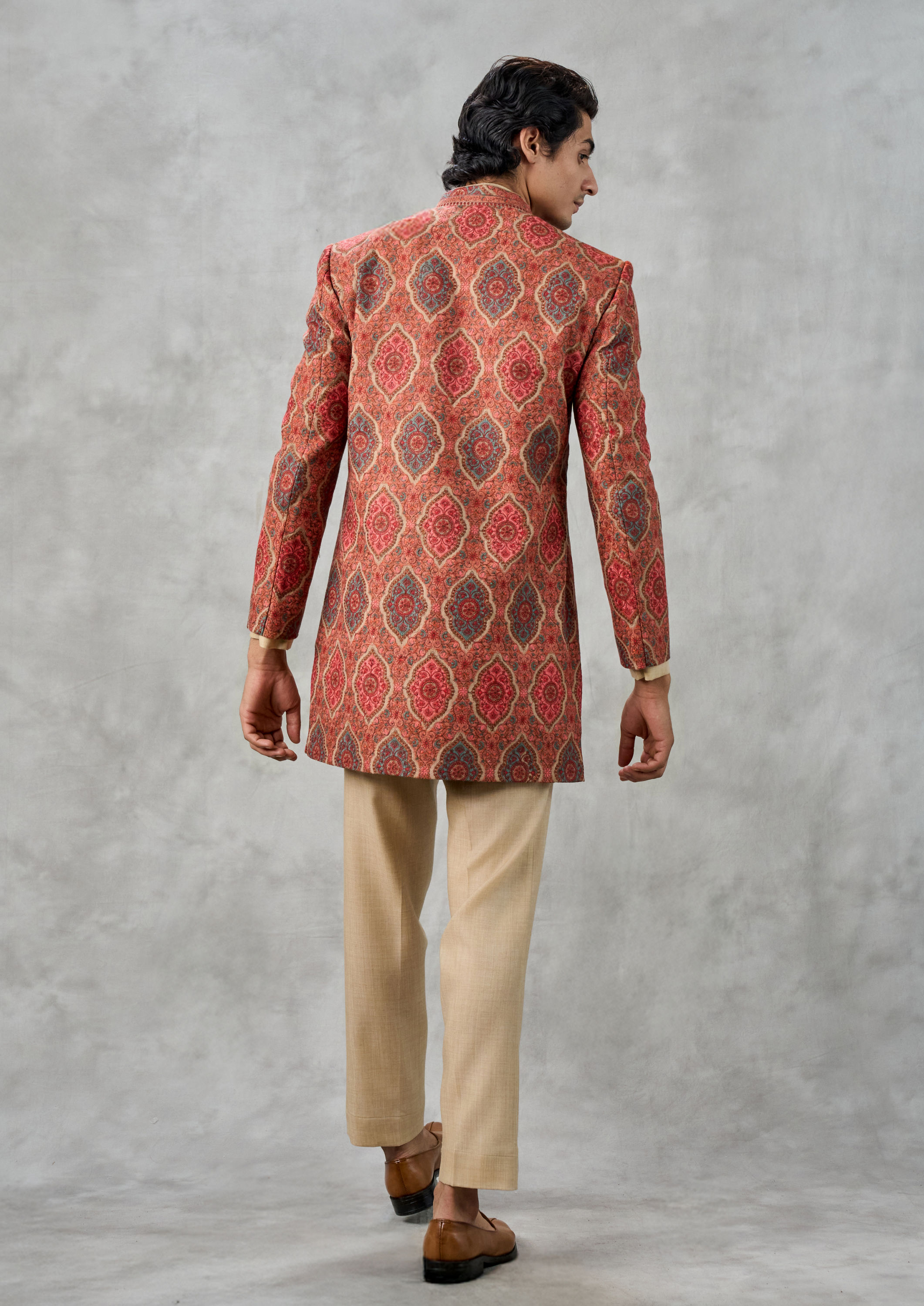 Twamev Men Beige Blended Rayon Indo Western Jacket Set
