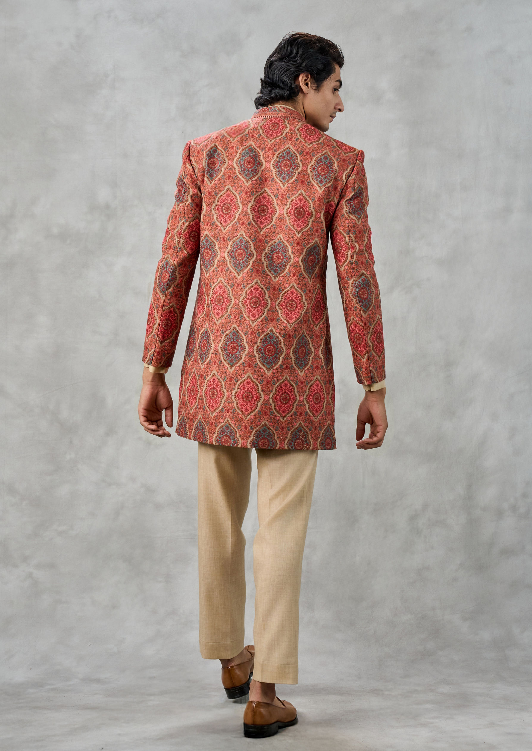 Twamev Men Beige Blended Rayon Indo Western Jacket Set
