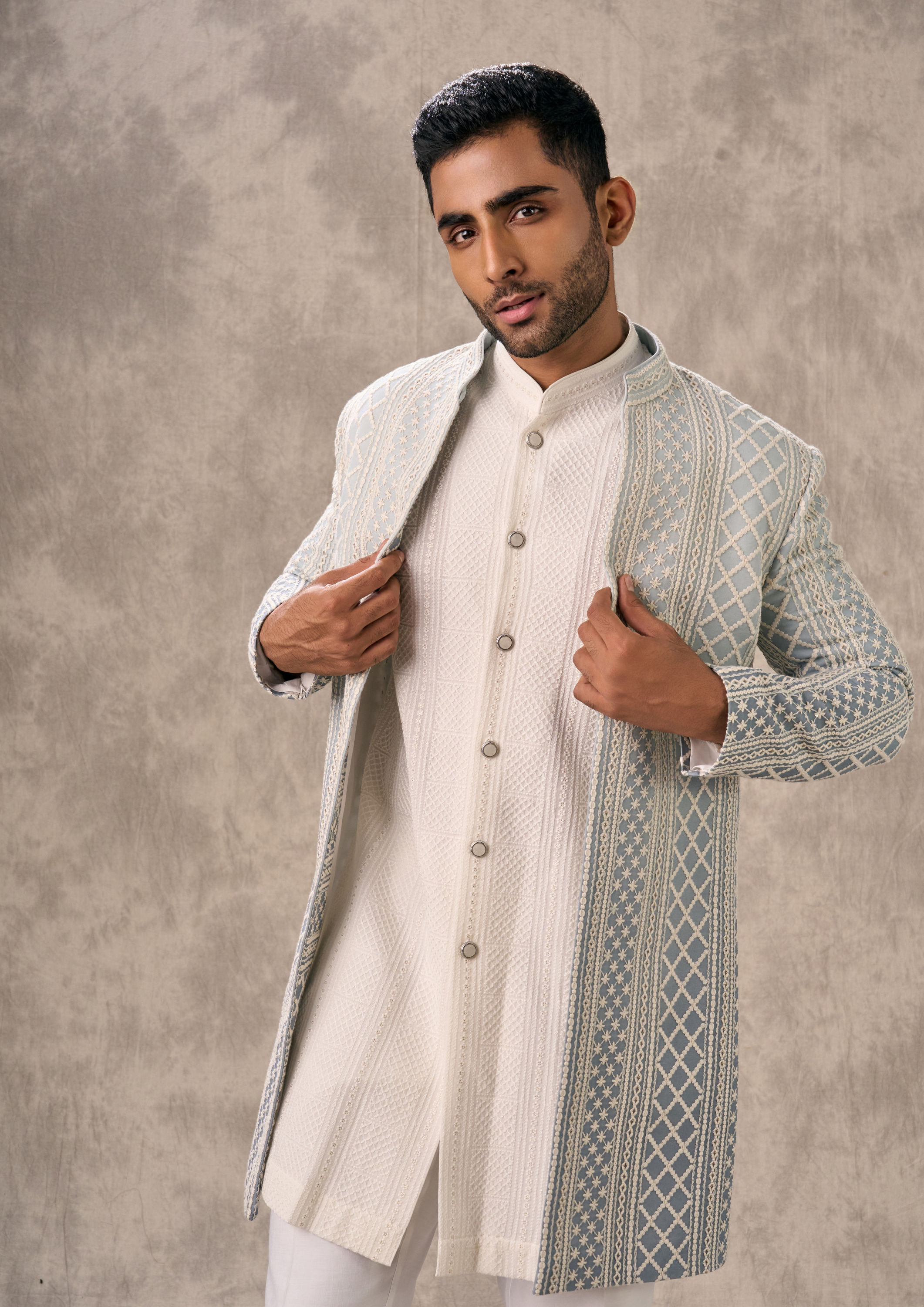 Twamev Men Light Blue Georgette Ensemble Indo Western