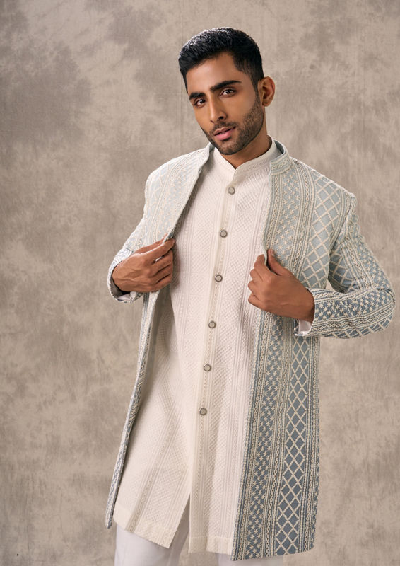 Twamev Men Light Blue Georgette Ensemble Indo Western