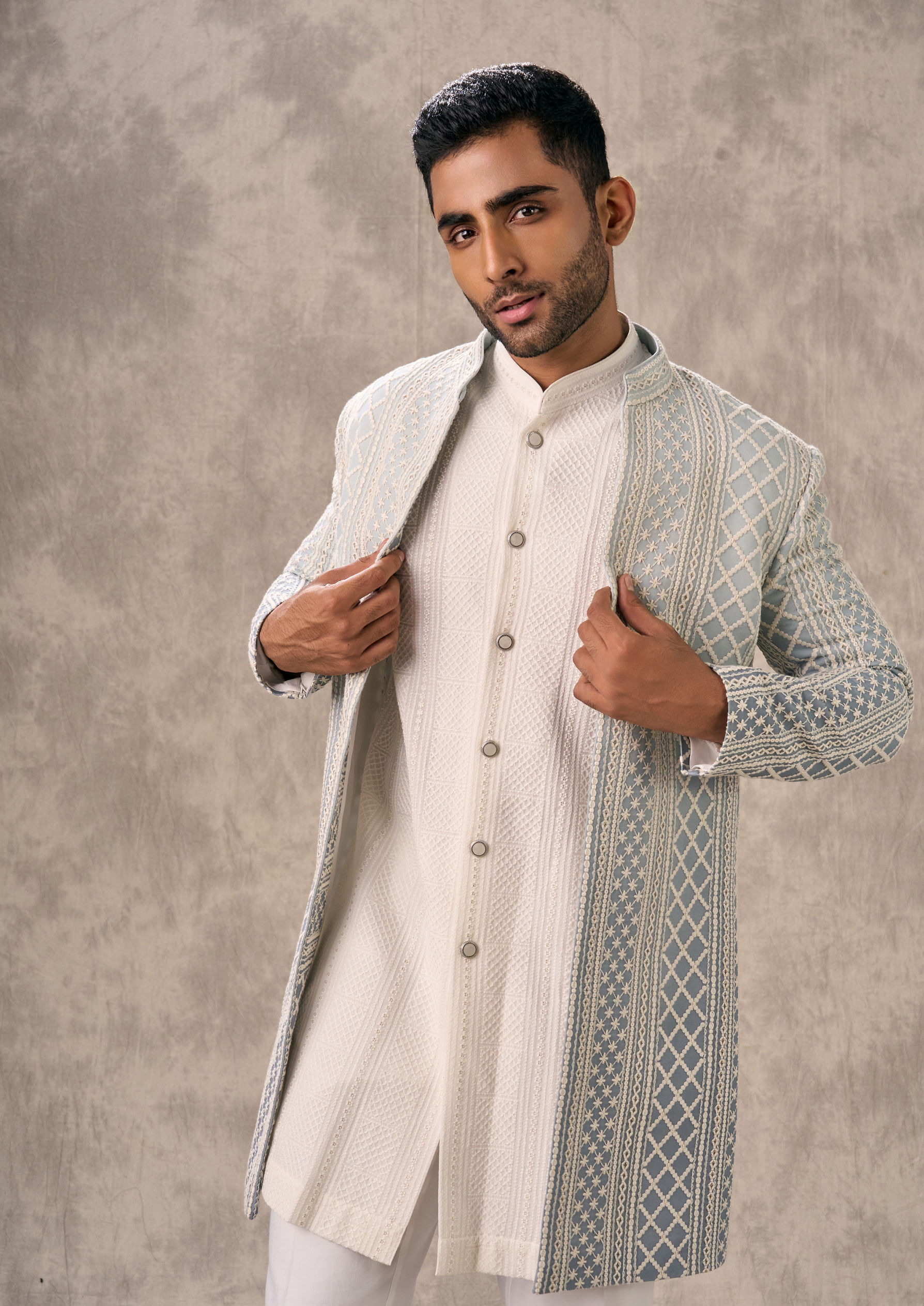 Twamev Men Light Blue Georgette Ensemble Indo Western