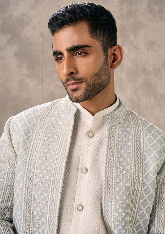 Twamev Men Light Blue Georgette Ensemble Indo Western